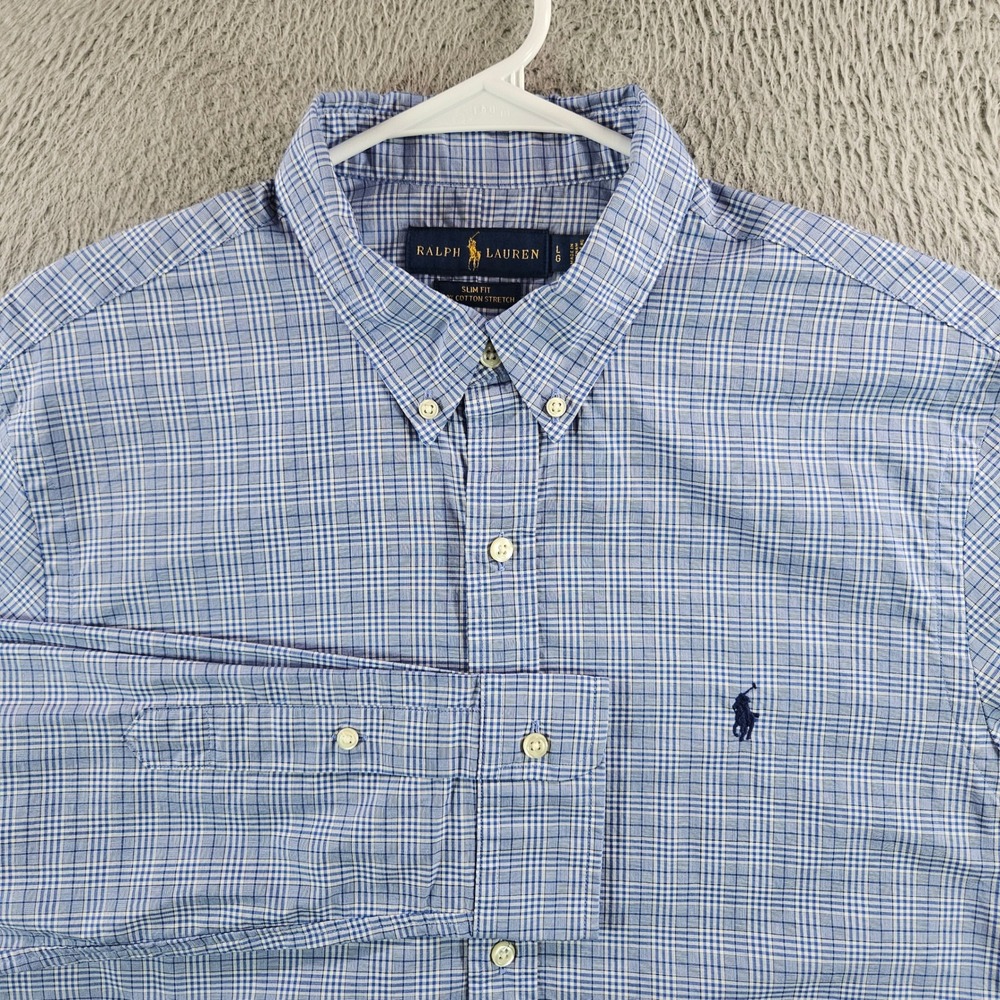 Ralph Lauren Mens Slim Fit Blue Plaid Cotton Stretch Button Down Shirt Large